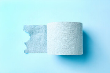 Color toilet paper roll on light blue background, top view