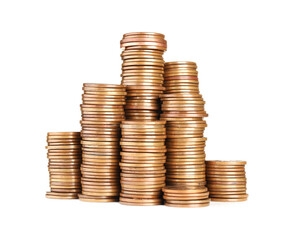 Stacks of different coins isolated on white