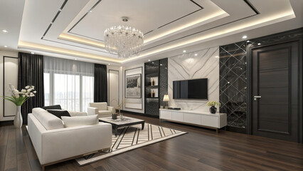 Fototapeta premium A modern living room with white sofa, chandelier, tv, dark wood floor, and marble accent wall