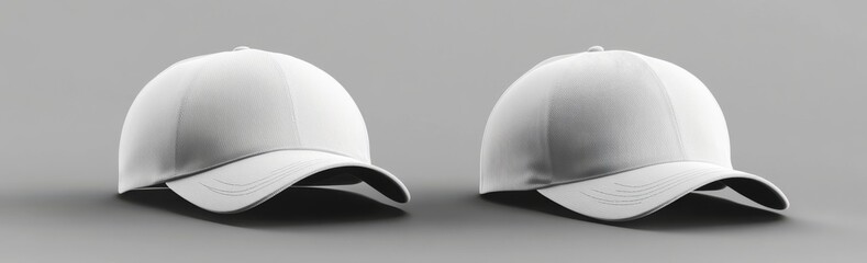 A mockup template of a white blank baseball cap with a visor. A sport cap uniform mock-up with a visor. A 3D realistic headwear for advertising