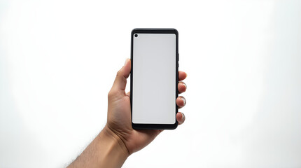 Hand Holding Black Smartphone Blank White Screen Mockup Isolated White Background Studio Shot Mobile App Website UI UX Design Presentation