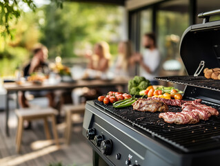 Friends gather for a lively outdoor barbecue in a cozy backyard setting during a sunny afternoon