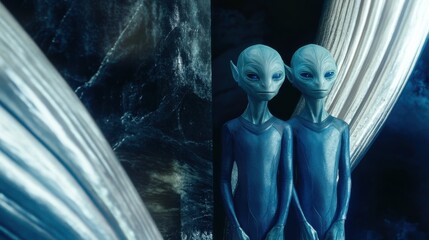 Two curious extraterrestrial beings stand together in an otherworldly landscape, inviting viewers to ponder the mysteries of the universe and the existence of life beyond Earth.