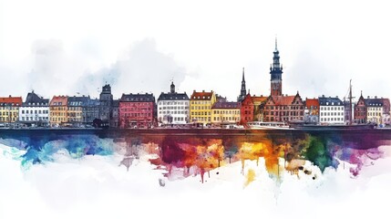 Obraz premium Watercolor Copenhagen Skyline - Vibrant watercolor cityscape of Copenhagen, Denmark. Symbolizing travel, architecture, urban beauty, Danish culture, and artistic expression