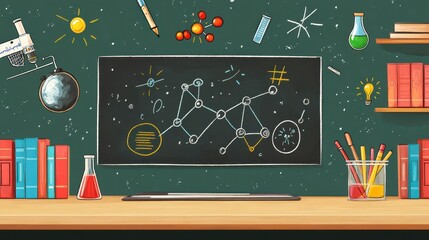 A stylized classroom setting with science themed drawing and props