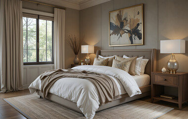 A cozy and elegant bedroom setting where layered bedding, natural materials, and abstract artwork create a sophisticated and inviting space.