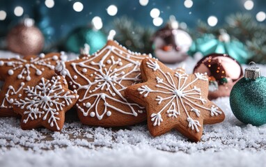 Gingerbread cookies with intricate icing designs on a snowy Christmas-themed backdrop with ornaments
