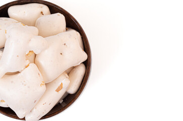 Freeze Dried White Nougat Candy Bar with Pieces of Peanut Isolated on a White Background