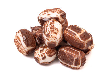 Chewy Mini Chocolate Covered Nougat Candies Isolated on a White Background