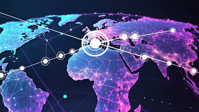 Global Network with Purple and Blue Neon Lights Representing Digital Connections and Data Flow

