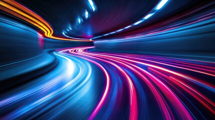 Powerful acceleration of a supercar racing on a neon-lit night track, leaving vibrant trails of light as it speeds through a dark road, creating a dynamic and exhilarating motion blur.