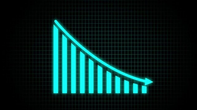 Animated on the black background
 down business graph icon  ,Animated downward statistical curve with a loss sign. Financial business Loss down graph chart.