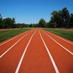 Red Athletic Track Under Clear Blue Sky Surrounded by Green Trees
