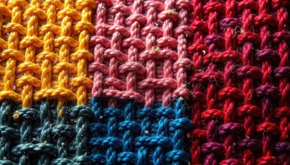 Intricate woven fabric showcasing diverse textures and colors , modern, vintage