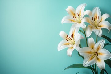 Naklejka premium Easter Background, Easter Banner, Elegant White Lilies Bouquet on Aqua Background Floral Still Life Photography