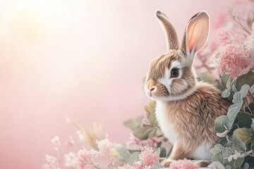 Obraz premium Easter Background, Easter Banner, Adorable Baby Bunny Rabbit in Pink Flowers Springtime Easter