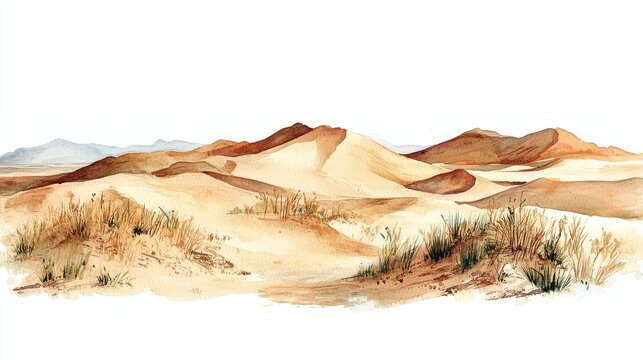 Watercolor Gobi Desert Dunescape - Expansive Gobi Desert landscape, watercolor painting, showcasing sand dunes, sparse vegetation, and distant mountains. Symbolizing vastness, aridity, resilience