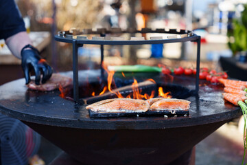 BBQ Grill with Salmon, Steak and Flames