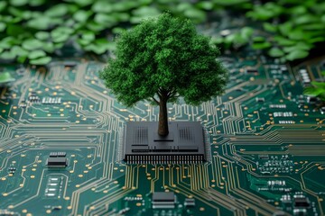 Technological trees prospering along network lines, illustrating Arbor Day with notions of green energy and smart farming