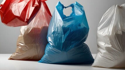 A full black trash bag stands against a white background. Close-Up of Tied Trash Bag.