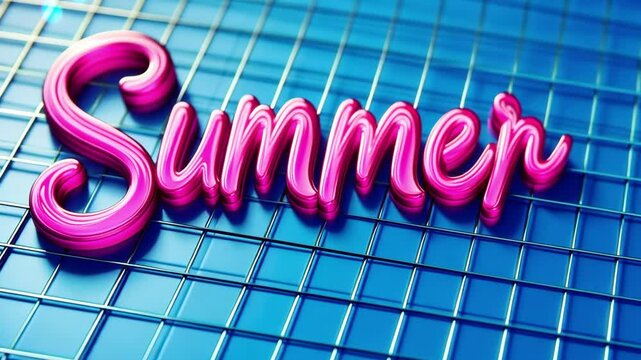 3D text effect "Summer" in pink cursive, summer theme, on a blue grid background, vector style, 2D, vector graphic, simple shapes, simple lines, simple color scheme, high resolution, high quality, hig