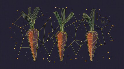 High quality illustration Line art of carrots with geometric accents in gold, playful and creative --chaos 10 --ar 16:9 --style raw --stylize 10 --v 6.1 Job ID: aeff8374-8996-438d-a8d0-0413569161e3