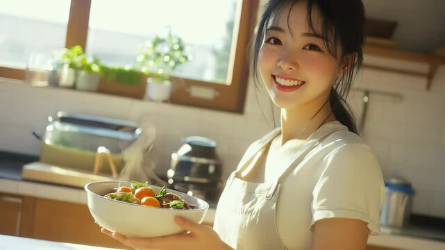 Smiling Asian woman holding a steaming bowl of fresh homemade food.