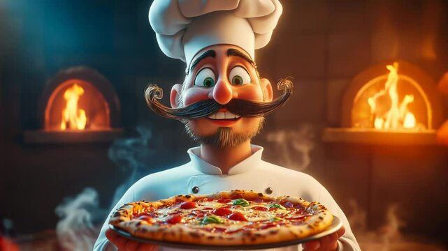 Cartoon chef holding a freshly baked pizza in a traditional wood-fired oven.