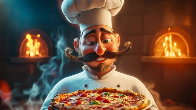 Cartoon chef holding a freshly baked pizza in a traditional wood-fired oven.