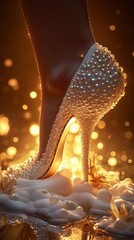 Obraz premium A pearl-encrusted high heel delicately poised on a bed of foam, exuding elegance and luxury.