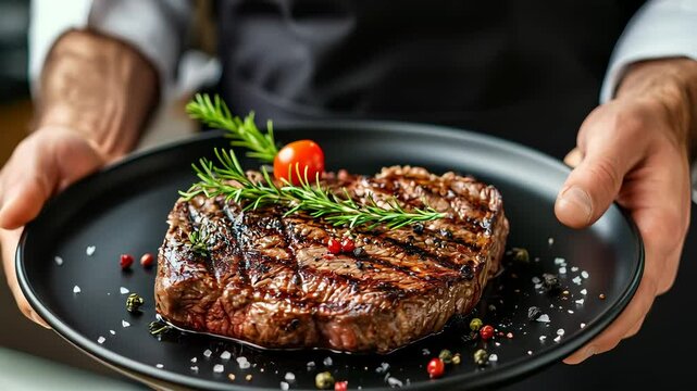 Juicy grilled steak served on a black plate with garnish.