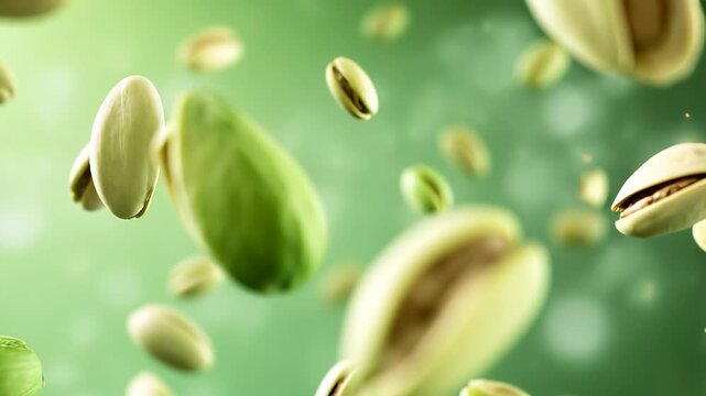 Floating pistachios in mid-air on a soft green background.