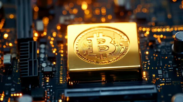 Shiny golden bitcoin bar glowing on an electronic motherboard.