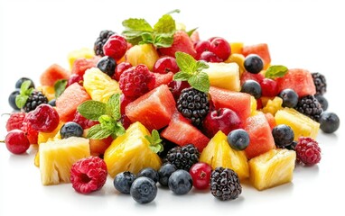 Obraz premium Of a colorful fruit salad with melons, pineapple, and berries isolated on white