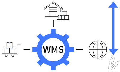 Obraz premium Gear labeled WMS connects icons of a warehouse, cart, globe, and vertical arrow. Ideal for logistics, inventory, supply chain, operations, warehouse efficiency global shipping flat simple metaphor