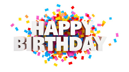 Festive Happy Birthday 3D White Letters with Vibrant Colorful Confetti Background for Party Celebration Image