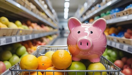 Obraz premium Shopping concept. Piggy bank with dollar bil and mini supermarket trolley