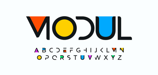 Modern geometric typeface with colorful accents and modular letter design. Perfect for branding, creative projects, and contemporary graphic design. Stylish and futuristic typography. Vector typeset