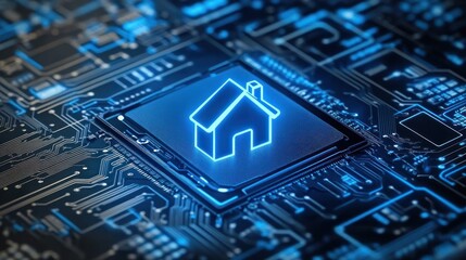 Fototapeta premium A glowing house symbol rests on a circuit board