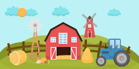 Picturesque scene with farm, tractor, mill, windmill and hangar, hay. Suitable for agriculture, village life and eco products themes. Cute cartoon vector illustration