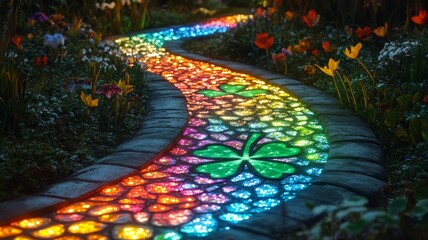 Illuminated Rainbow Path With Shamrocks Garden