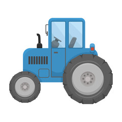 Tractor for agricultural industry, farm. Cartoon illustration, blue transport for work on the ground