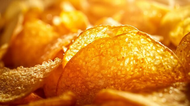 Close-up of golden crispy potato chips with texture details.