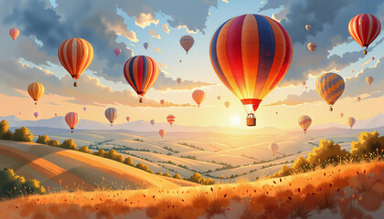 Obraz premium Hot air balloons rising at sunrise over rolling fields, festive celebration, Children’s Day.