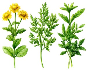 Fototapeta premium Watercolor image of three kinds of green plants with yellow flowers