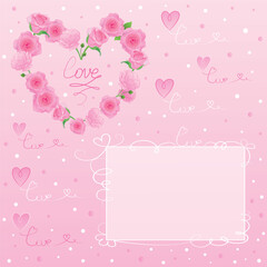 Vector romantic postcard: on a gradient pink background, a heart of roses with the word "love" written inside, a beautiful frame for wishes and signatures, decorative elements with the words love.