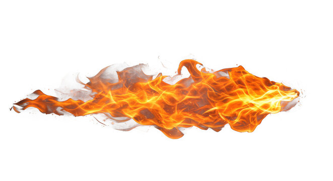 A horizontal stream of bright orange fire flames against a stark black background in a studio shot