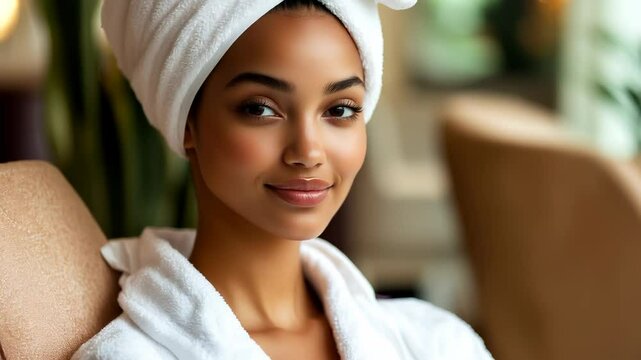 Confident woman in a white robe at a luxury spa.