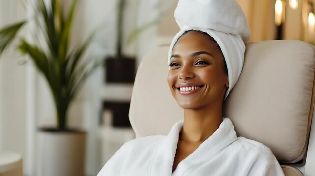 Elegant woman in bathrobe enjoying a spa moment.