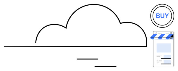 Abstract cloud with small online storefront and buy button representing e-commerce, cloud-based business, digital store. Ideal for online shopping, e-business, cloud computing, e-commerce, data